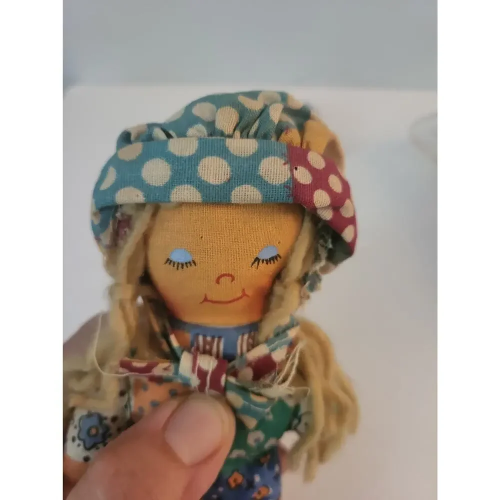 Vintage Ocean Toys cloth girl Rag Doll Yarn Hair Multicolor Patchwork Dress 6.5